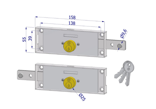 Coppia serrature laterali Mod. 228 a cilindro tondo Ø 25 mm – destra + sinistra, catenaccio diritto 45 mm, , 3 chiavi incluse