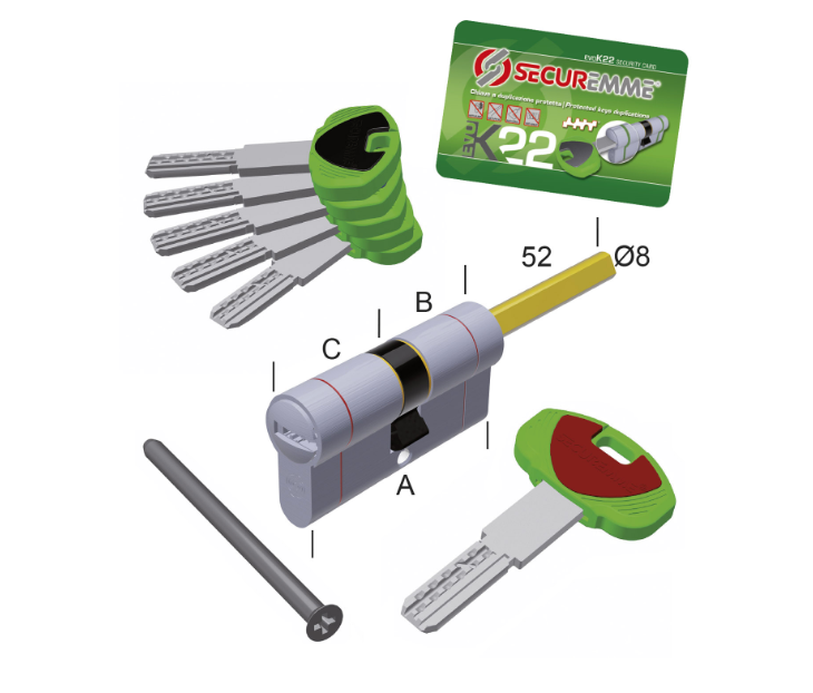 Carica immagine in Galleria Viewer, Cilindro EvoK22 30-30 CS con codolo predisposto al pomolo – 1 chiave cantiere + 5 chiavi sigillate a duplicazione controllata
