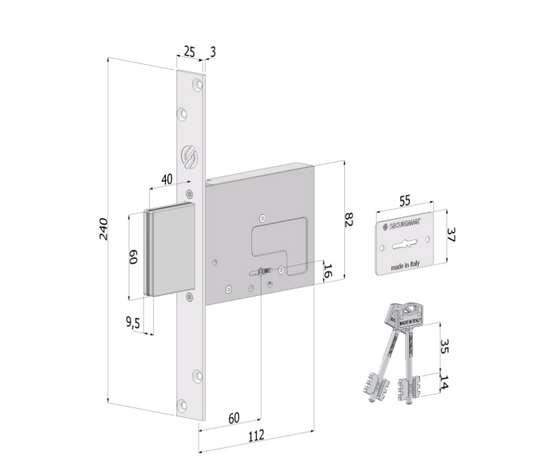 Serratura 2031 SIMPLEX E.60 con 4 mandate corsa 40 mm e 2 chiavi 0C14 SECURMAP14