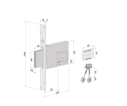 Serratura SIMPLEX Mod. 2031 SECURMAP14 – 4 mandate, entrata 70 mm, corsa 40 mm, zincata bianca, 2 chiavi a duplicazione controllata