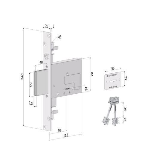 Serratura triplex Mod. 2033 SECURMAP14 – 4 mandate, entrata 60 mm, corsa 40 mm, zincata bianca,