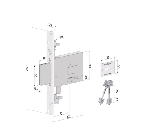Serratura triplex Mod. 2033 SECURMAP14 – 4 mandate, entrata 70 mm, corsa 40 mm, zincata bianca, 2 chiavi a duplicazione controllata