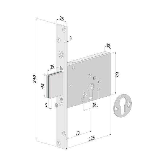 Serratura laterale Mod. 2051 a cilindro europeo – 3 mandate, entrata 70 mm, zincata bianca, frontale 25 mm