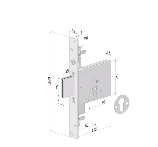 Serratura triplice Mod. 2053 a cilindro europeo – 3 mandate, entrata 60 mm, frontale 25 mm