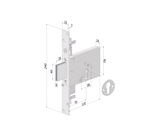Serratura triplice Mod. 2053 a cilindro europeo – 3 mandate, entrata 70 mm, frontale 25 mm