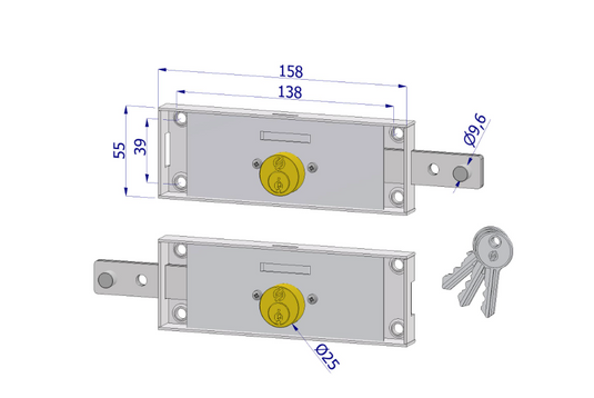 Coppia serrature laterali DX+SX Ø25 mm Mod. 228 per serrande – catenaccio diritto 45 mm