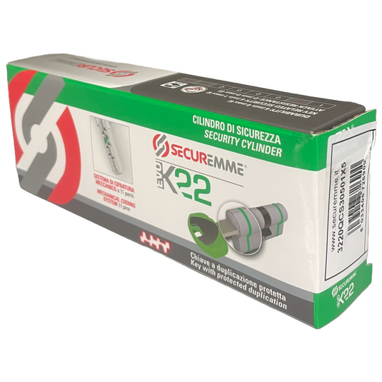 Cilindro EvoK22 30-30 CS con codolo predisposto al pomolo – 1 chiave cantiere + 5 chiavi sigillate a duplicazione controllata