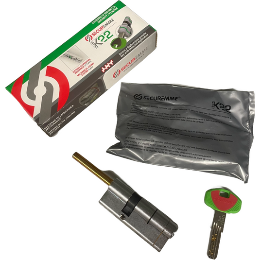 Cilindro EvoK22 30-30 CS con codolo predisposto al pomolo – 1 chiave cantiere + 5 chiavi sigillate a duplicazione controllata