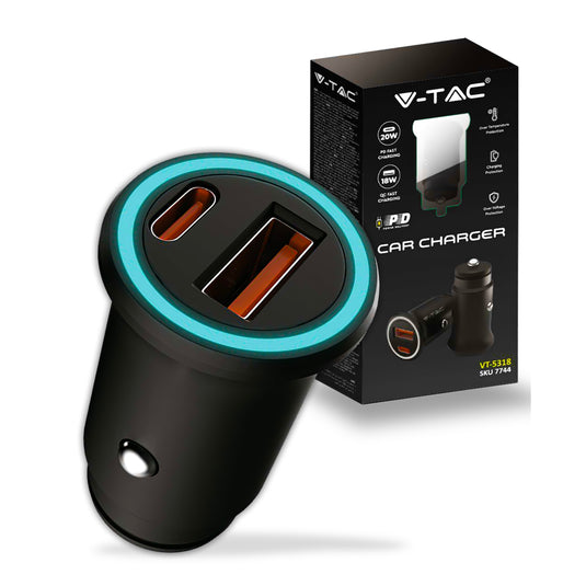 Caricatore da Auto Ricarica Rapida USB-C 20 W + USB-A 18 W – Nero