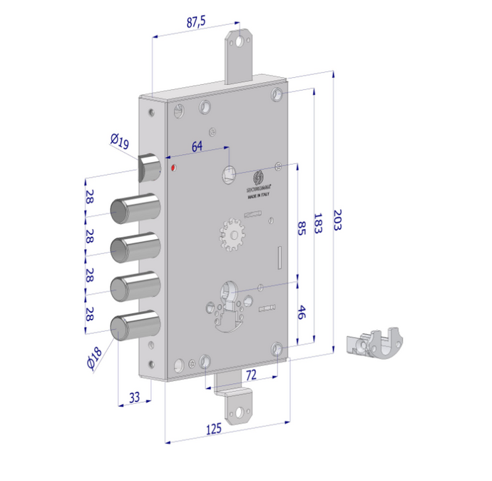 Serratura triplice 165C BASIC GEAR – cilindro europeo, 4 catenacci, ambidestra DX/SX