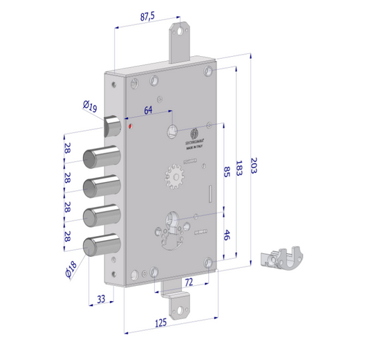 Serratura triplice 165C BASIC GEAR – cilindro europeo, 4 catenacci, ambidestra DX/SX