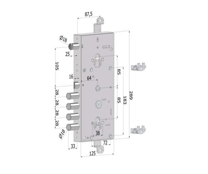 Serratura triplice 168C BASIC GEAR – doppio cilindro europeo, 4 + 1 catenacci, ambidestra DX/SX
