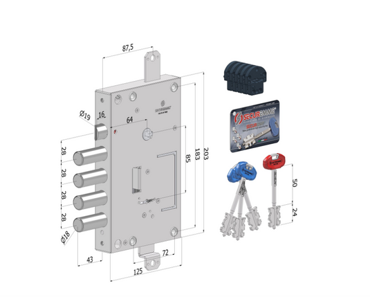 Serratura triplice 140C SECURMAP24 – doppia mappa, 4 mandate, ambidestra