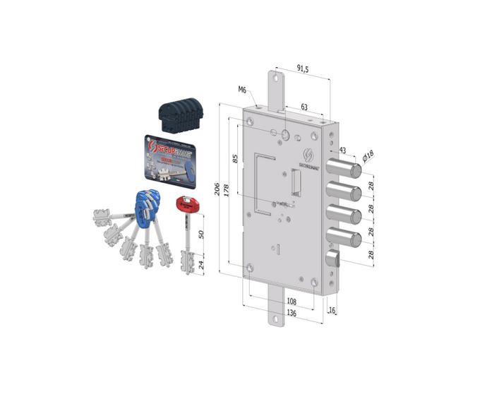 Serratura triplice 240 SECURMAP24 – doppia mappa, 4 mandate, reversibile DX / SX, zincata