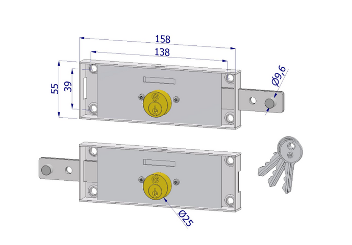 Coppia serrature laterali Mod. 228 a cilindro tondo Ø 25 mm – destra + sinistra, catenaccio diritto 45 mm, , 3 chiavi incluse