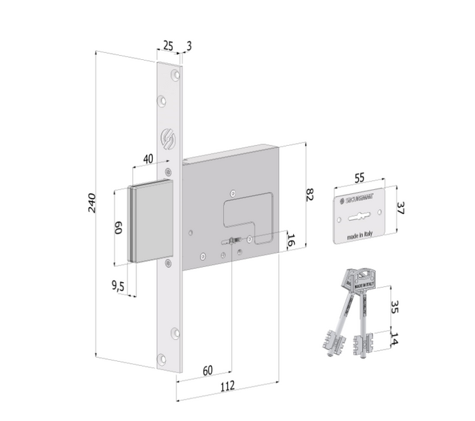 Serratura 2031 SIMPLEX E.60 con 4 mandate corsa 40 mm e 2 chiavi 0C14 SECURMAP14