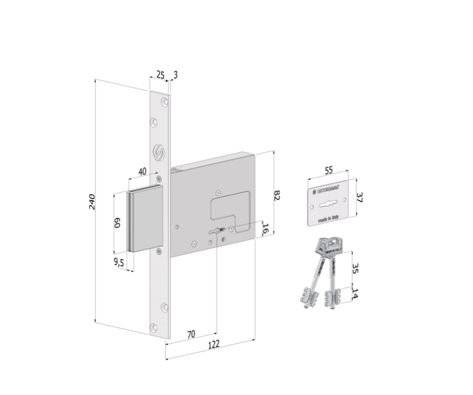Serratura SIMPLEX Mod. 2031 SECURMAP14 – 4 mandate, entrata 70 mm, corsa 40 mm, zincata bianca, 2 chiavi a duplicazione controllata