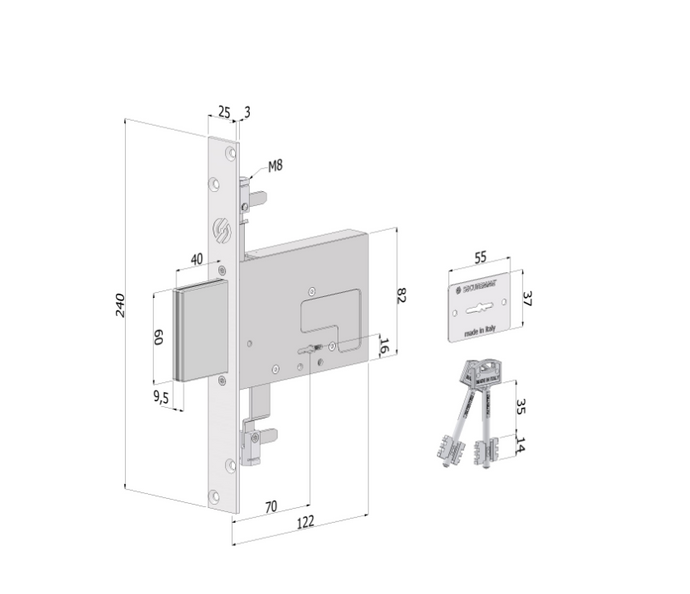 Serratura triplex Mod. 2033 SECURMAP14 – 4 mandate, entrata 70 mm, corsa 40 mm, zincata bianca, 2 chiavi a duplicazione controllata