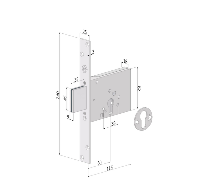 Serratura laterale Mod. 2051 a cilindro europeo – 3 mandate, entrata 60 mm, frontale 25 mm, zincata bianca