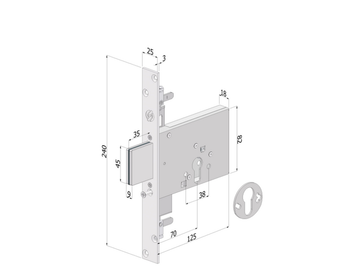 Serratura triplice Mod. 2053 a cilindro europeo – 3 mandate, entrata 70 mm, frontale 25 mm