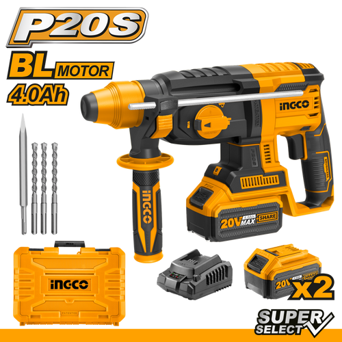 Martello demolitore 20V con motore brushless e kit 2 batterie, caricabatteria, 3 punte e 1 scalpello