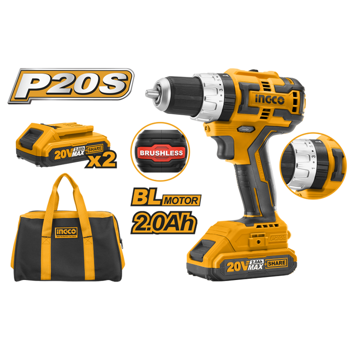 Trapano a percussione Brushless 20V con 2 batterie + borsa INGCO